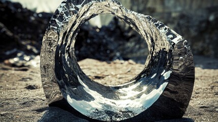 Abstract Glistening Sculpture on Rough Ground, Reflecting Environment with Distorted Textures