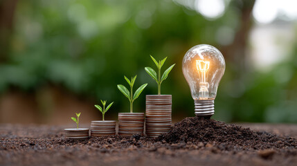 Sustainability investment growth money energy concept climate change bring financial insight risk with lightbulb and seedlings