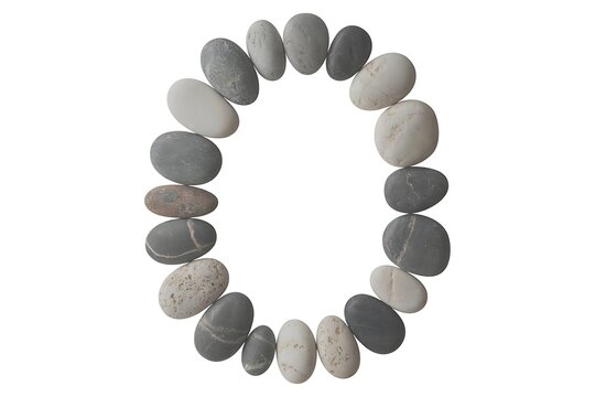 Number zero formed by smooth grey and white river stones on a white background