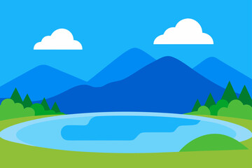 Fototapeta premium Vector Nature Landscape with Blue Lake under Cloudy Sky Illustration