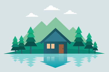 Obraz premium Lakeside Cabin with Forest Scenery Landscape Vector