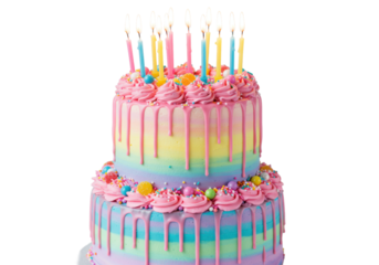 A magnificent two-tier birthday cake with pastel rainbow frosting, pink icing swirls, blue/pink drip glaze, candies, sprinkles, and lit colorful candles, against a transparent background with bokeh.