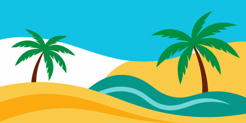 Fototapeta premium Tropical Beach with Palm Trees and Waves Collage Illustration