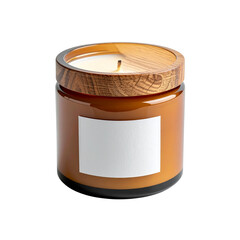 Elegant scented candle jar with wooden lid on transparent background