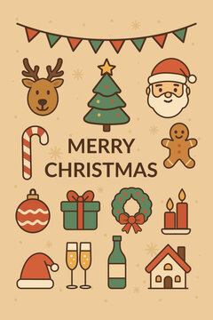 Christmas icons and symbols with merry Christmas text
