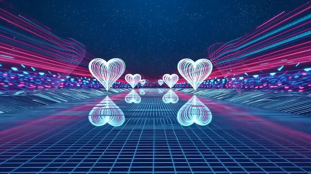 Futuristic landscape featuring glowing hearts with vibrant trails in a digital space setting
