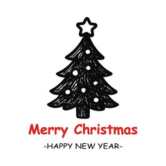 A minimalist hand-drawn Christmas tree illustration with a star on top and &ldquo;Merry Christmas &ndash; Happy New Year&rdquo; text. Perfect for holiday greeting cards, posters, invitations, festive social media 