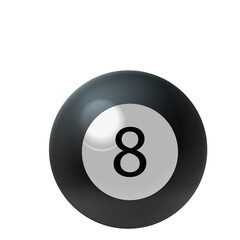 Glossy Black Eight Ball with White Number 8 Floating in a White Void with Transparent Background Ideal for Game or Sports Concepts