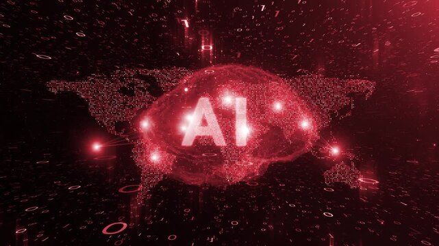 AI artificial intelligence human brain with world map and loop binary code numbers red animation background.