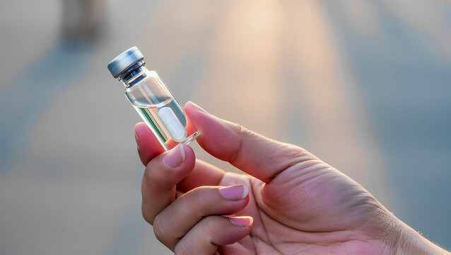 A woman's hand holds a glass bottle with medicine or vaccine on a light background. - Powered by Adobe