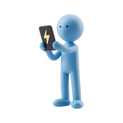 Blue 3D Figure with Smartphone and Lightning Bolt Icon