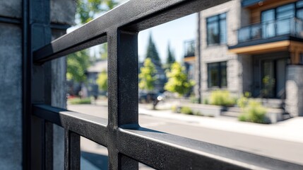 Close-up view of a modern metal fence.