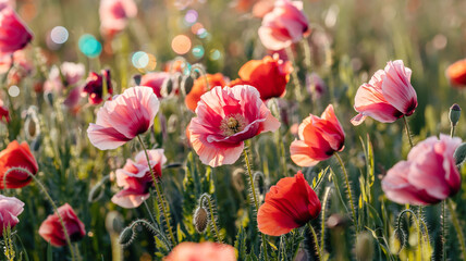 Field of vibrant red and pink poppy flowers in bloom during spring season