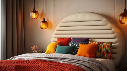Retro-modern bedroom render with circular padded headboard, warm pendant lights, and colorful accent pillows,