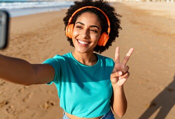 Cheerful Woman at Beach Taking a Selfie