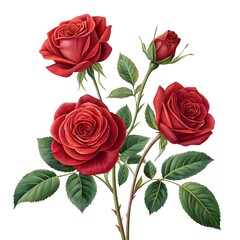 Fototapeta premium Beautiful Red Roses With Green Leaves Isolated On White Background Representing Love Romance And Natural Beauty