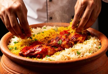 Chef Preparing Chicken Biryani In Earthen Pot