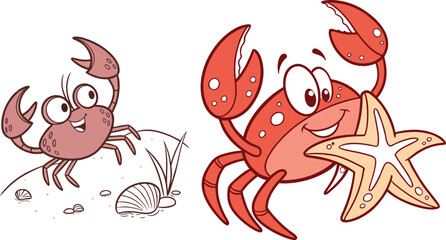 Two Happy Cartoon Crabs Dancing Joyfully by the Seashore in a Bright Fun Illustration