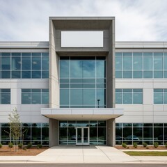 Modern Corporate Office Building Exterior with Blank Signage Space for Business Branding