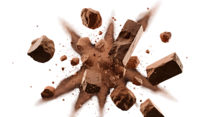 Flying pieces and powder of broken red brick isolated transparent background