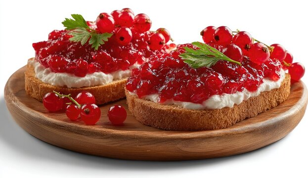 Two toast points topped with creamy white spread and red currant jam, garnished with fresh herbs.  Fresh red currants are scattered around the wooden plate