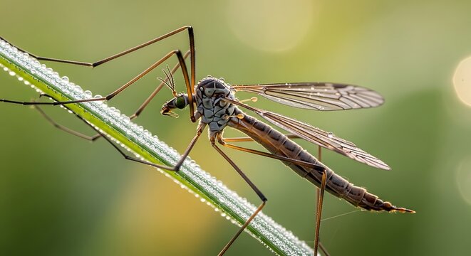 Crane Fly on a Blade of Grass - A Detailed Close-Up.