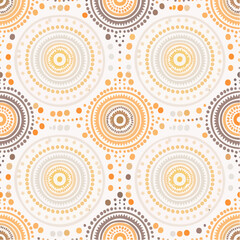 A seamless Indigenous Australian Dreamtime pattern with circular dot motifs in natural earthy tones. Perfect for textiles, packaging, and educational art.
