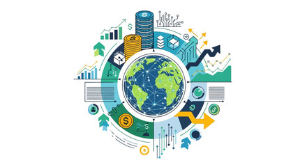 Global economic growth and financial market trends visualized with data analytics and technological advancements