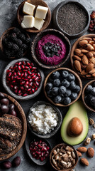 White rice and lot of seeds , healthy food image.