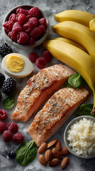 Salmon , banana and lot of healthy food on the table , food photo.