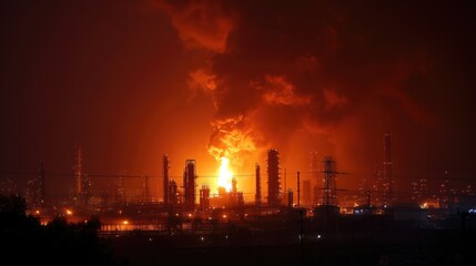 Fototapeta premium An oil plant explosion at night due to drone attack. War. Oil refinery is under shelling. Environmental disaster