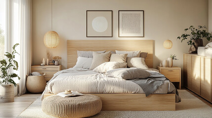 Simple modern bedroom with light wood headboard, large cushions, and calming minimalist layout,