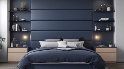 Sleek 3D mockup of a modern bedroom featuring a bold navy-blue headboard wall with integrated nightstands and floating shelves, styled with monochrome bedding and minimal accessories,