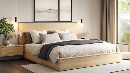 Simple modern bedroom with light wood headboard, large cushions, and calming minimalist layout,