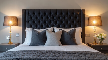 Sleek hotel-style bedroom with a tufted headboard in dark grey, symmetrical lighting setup, and luxurious bedding,