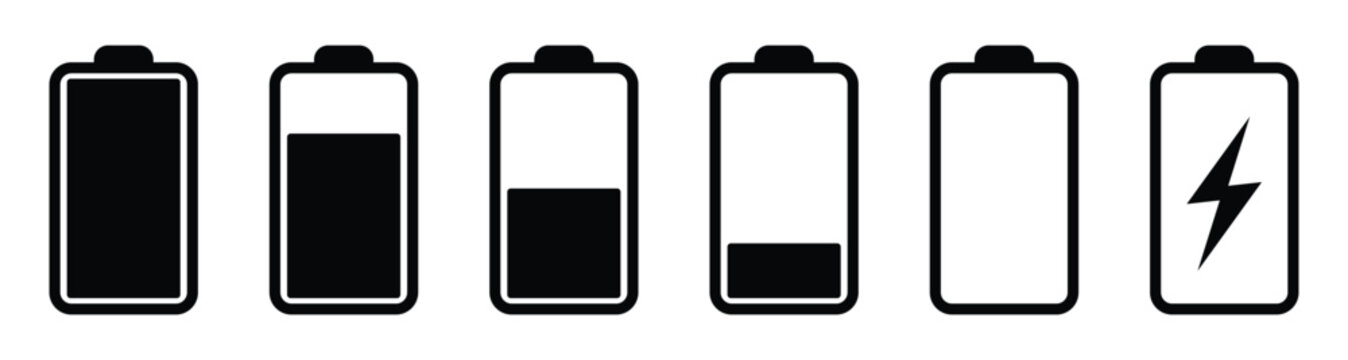 Battery icon set. Simple battery level and charging symbol collection. Transparent vector and PNG