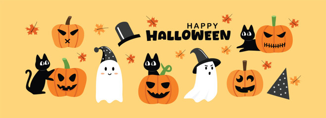 Halloween landscape. Halloween cute element. Halloween theme. Halloween background. Cute ghost. Spooky pumpkin. Black cat. 