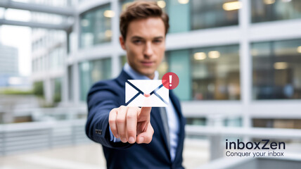 A businessman pointing at an email icon with a notification for urgent message
