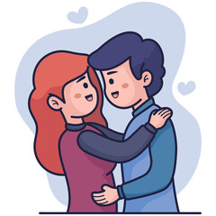 Loving Couple Embracing Affectionately With Red Hair Woman and Blue Shirt Man Against Soft Blue Background Heart Shapes Floating Gentle Lighting
