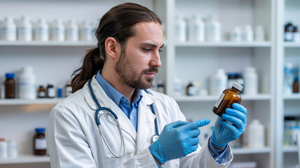 Pharmacist in lab coat examining medicine bottle in pharmacy with shelves