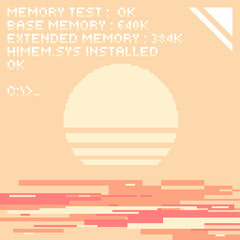 Pastel Orange Glitched Sunset on System Display, Pixel Art Illustration