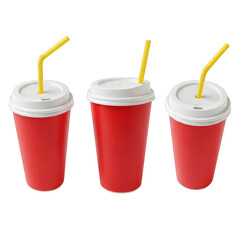Red Soda Cup with White Lid and Yellow Straw Simple Disposable Beverage Container for Cold Drink