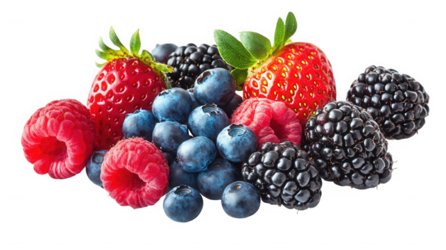 A colorful assortment of fresh berries including strawberries and more on transparent background
