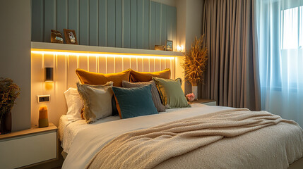 Studio apartment bedroom corner with vertical headboard design, built-in ambient lighting, and muted textile tones,