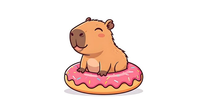 Adorable capybara chilling in a pink donut floatie, radiating pure joy and relaxation, perfect for summer fun and whimsical designs