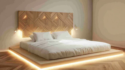 Stylish 3D rendering of a minimalist bedroom with a low platform bed, light wood floor, clean white linens, and a creative headboard decorated with geometric wooden patterns and LED strip lighting,