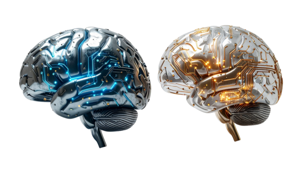 3D AI Brains with Circuit Patterns Duo – isolated on transparent background