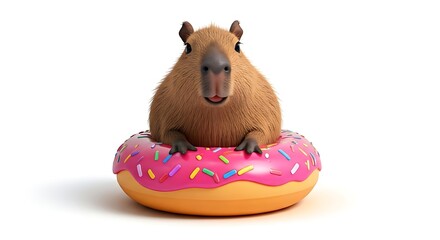 Adorable capybara chilling in a pink donut float with colorful sprinkles, perfect for summer fun and sweet treat advertisements