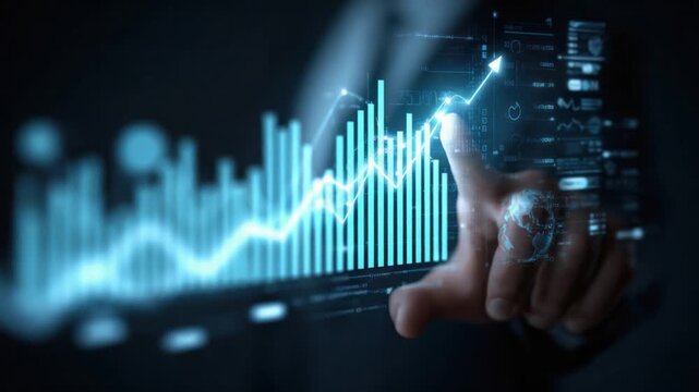 Data Visualization: A digital display comes alive as a hand interacts with a complex array of data charts and graphs, symbolizing progress, growth, and insightful analysis.