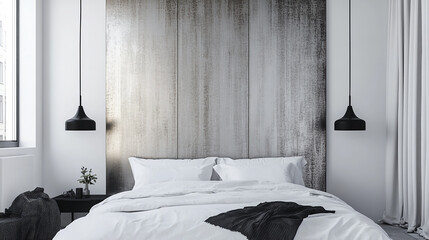 Ultra-sleek minimal bedroom render with a full-wall headboard made of brushed metal, white bed linens, black pendant lighting, and no clutter,